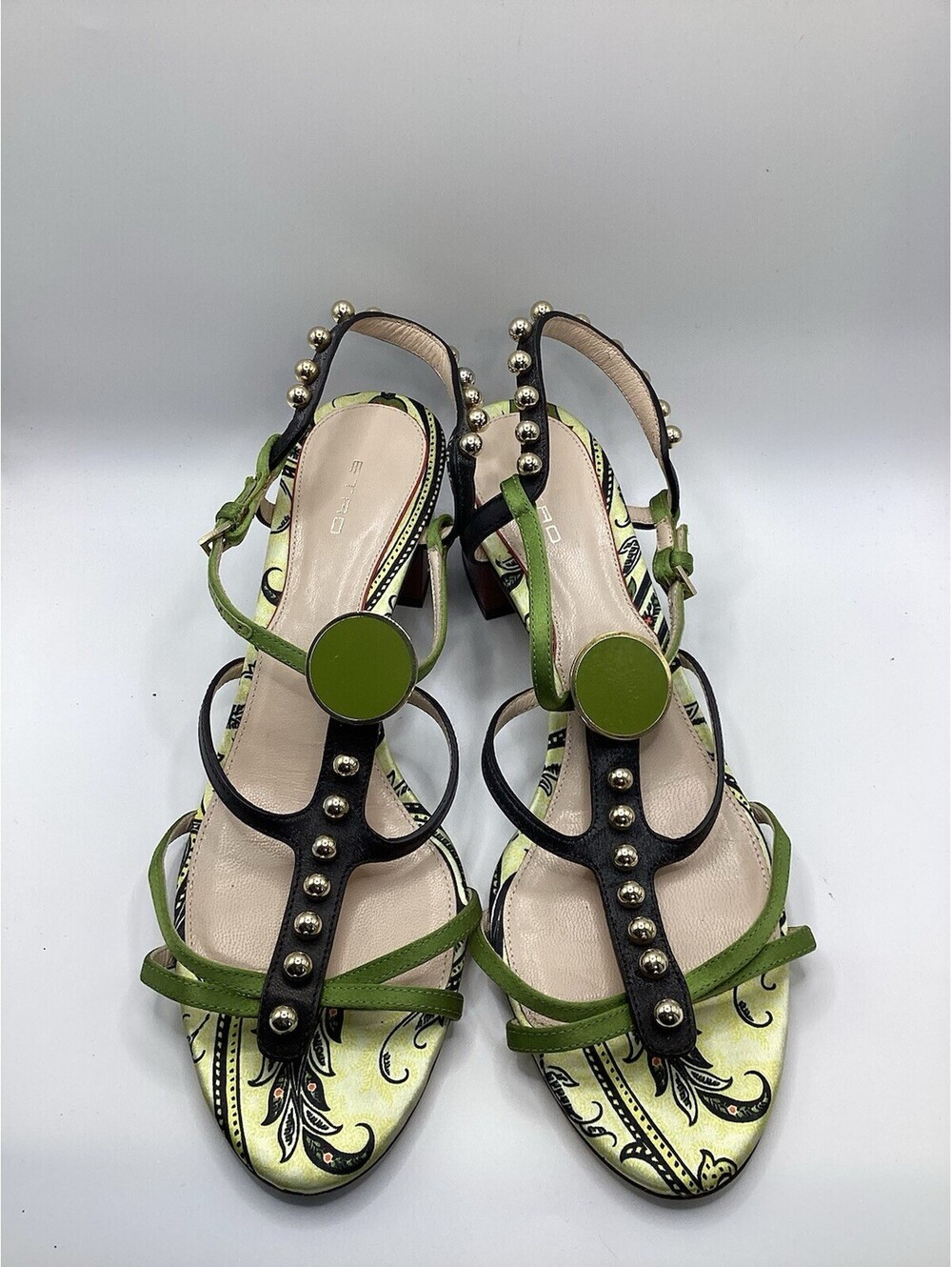 Etro Sandals Size 39 Green Black Studded Paisley Block Heel